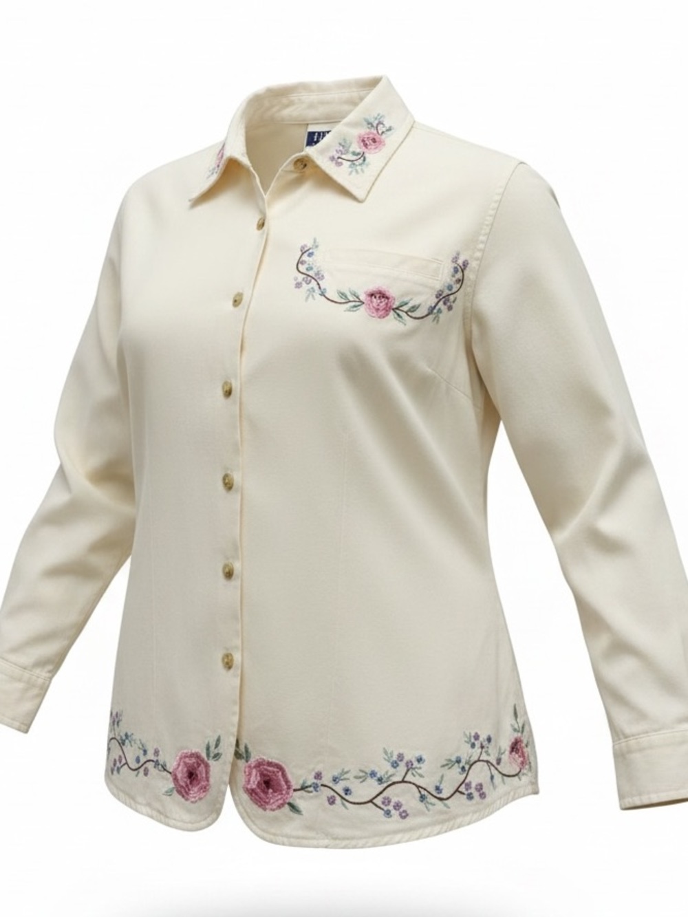 Bill Blass Embroidered Cream W Floral Button-Up Women's Western Shirt SZ 2X Rare